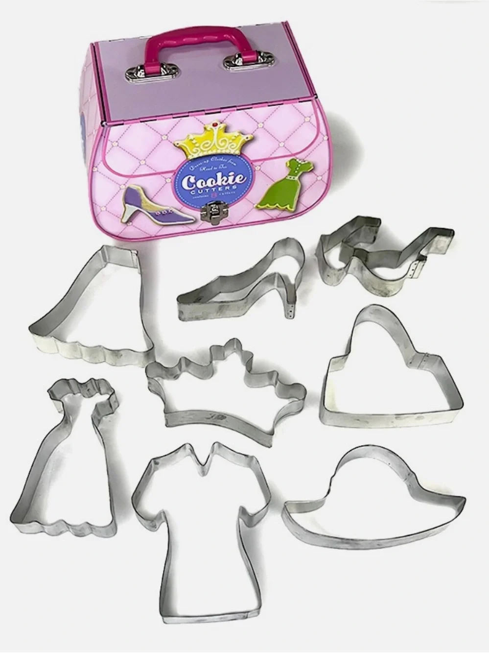 New Williams Sonoma dress up clothes cookie cutter set in pink tin purse